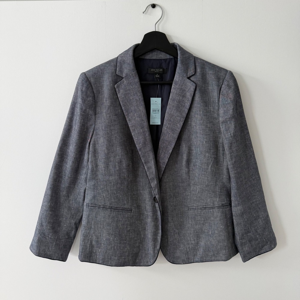 Ann Taylor Petite Navy Linen Blend Single Button Blazer Jacket Womens 12P NWT